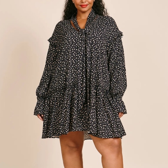 11 Honore Dresses & Skirts - 11 Honore Black Tan Scatter Polka Dot Long Sleeve Tie V-Neck Flowy Mini Dress